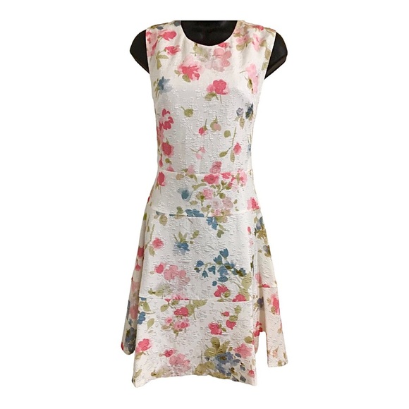Karl Lagerfeld white jacquard print floral pink green rose fit & flare dress sz8 - Picture 6 of 14